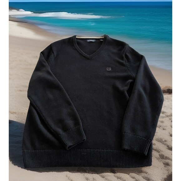 Chaps Black Crewneck Sweater LS Embroidered Logo 100% Cotton Mens Size Large - Picture 1 of 8